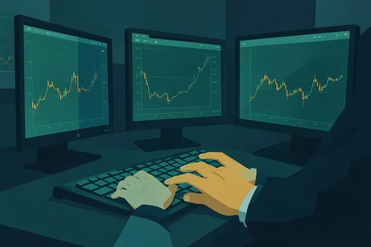 Trader operando em um computador com gráficos financeiros complexos.