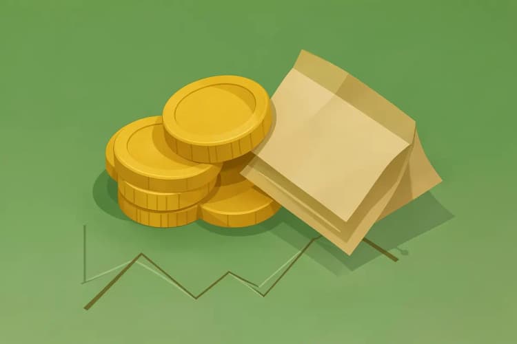 Pilha de moedas de ouro e notas de dinheiro em cima de um gráfico financeiro.