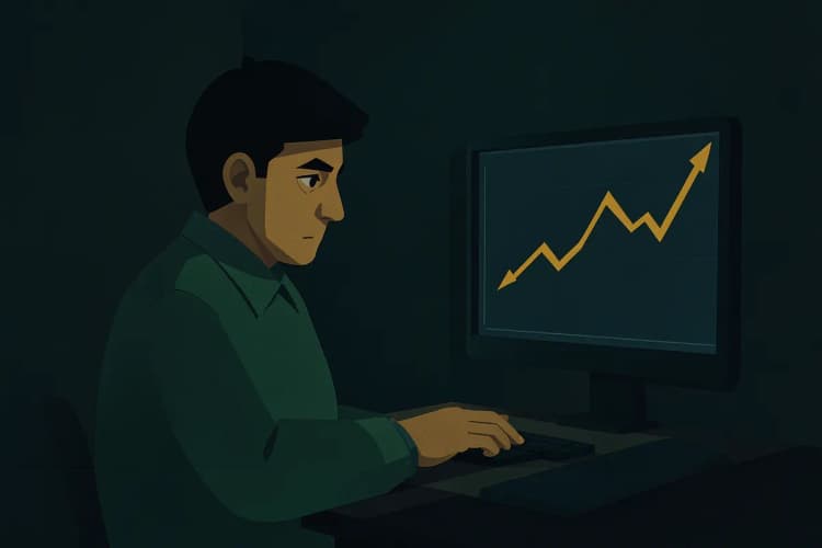 Um trader pensativo olhando para um gráfico de ações em declínio.
