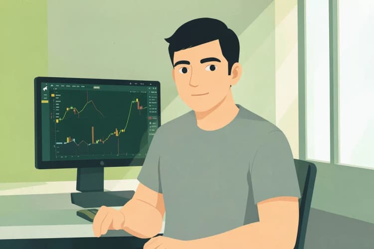 Um trader jovem e confiante em uma mesa de negociação moderna.