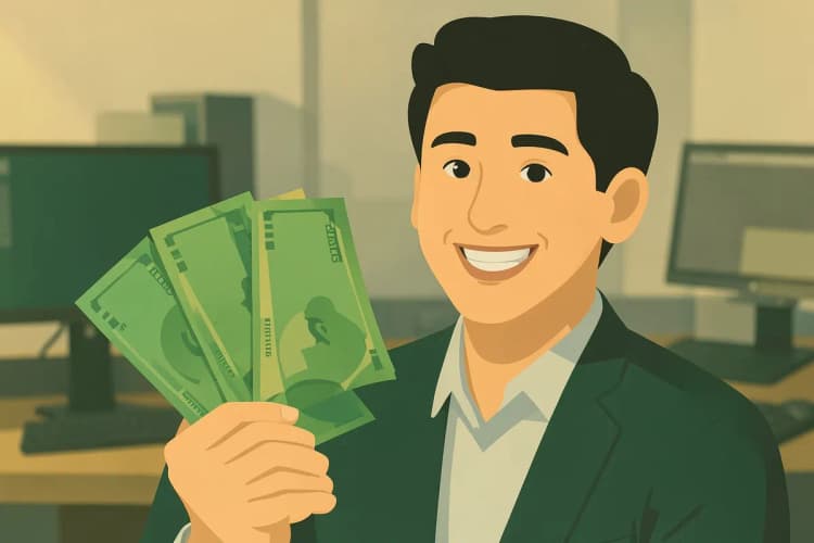 Um trader sorrindo com notas de dinheiro na mão.