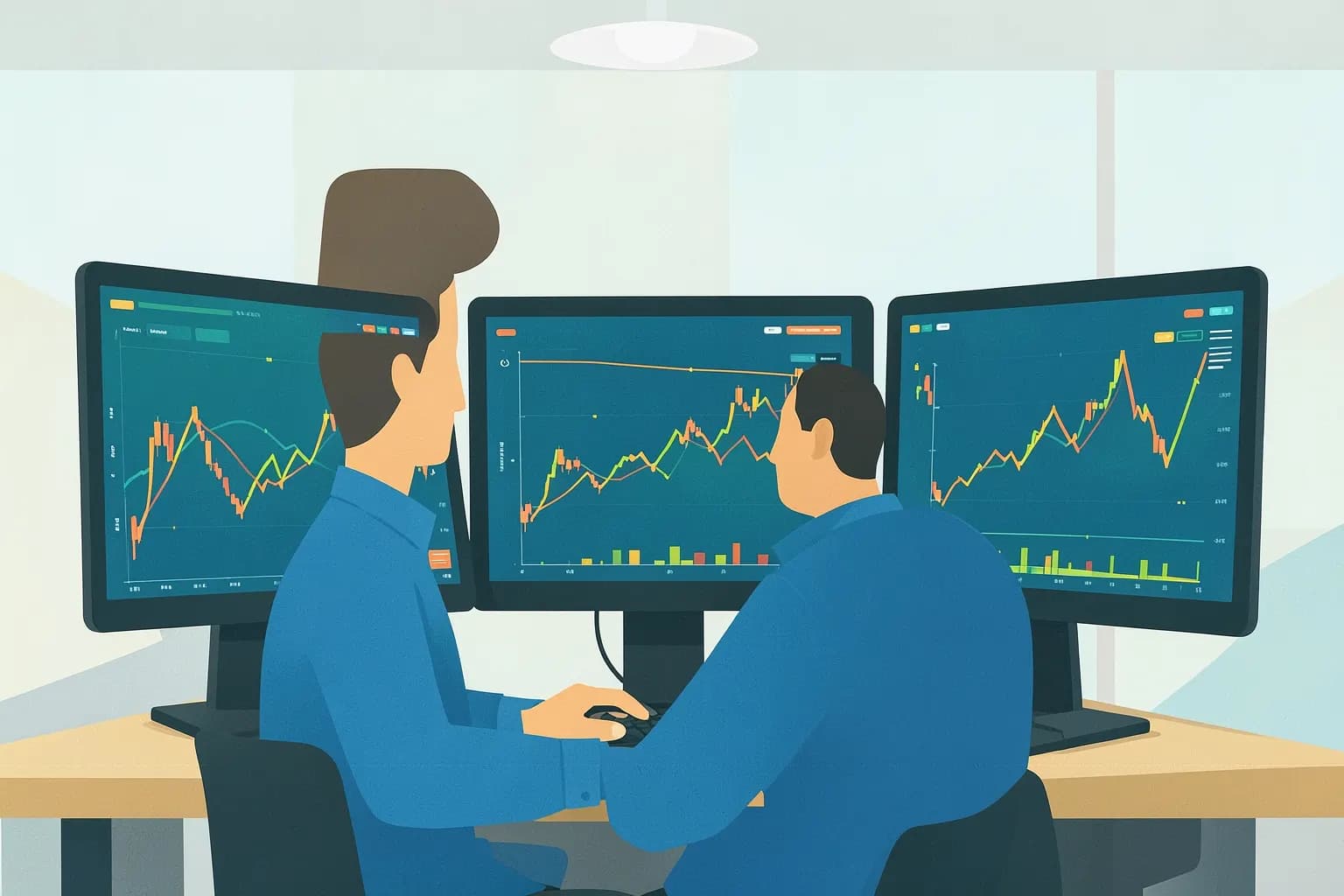 Um trader focado olhando para múltiplos monitores em uma sala de trading moderna.
